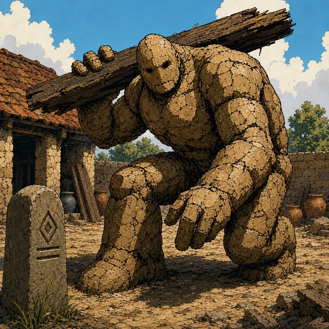 A heavy clay golem standing motionless in a temple courtyard.