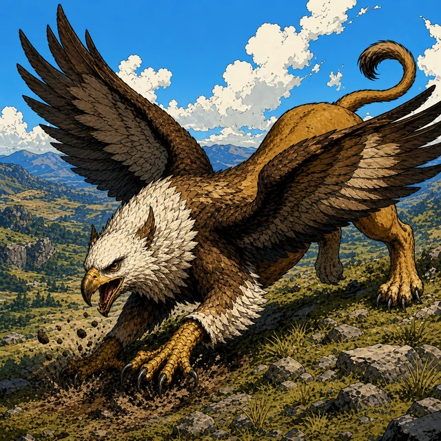An eagle-headed griffin with immense wings standing on a mountain meadow.