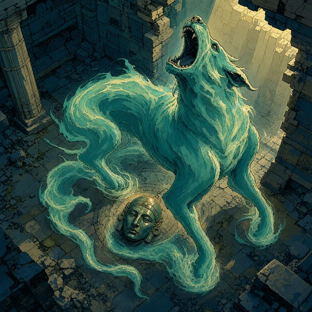 A translucent guardian spirit standing before a sealed tomb door.