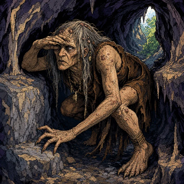 A clawed cave hag standing at the entrance to her rocky domain.
