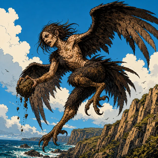 A winged harpy holding a stone on a bare cliff ledge.