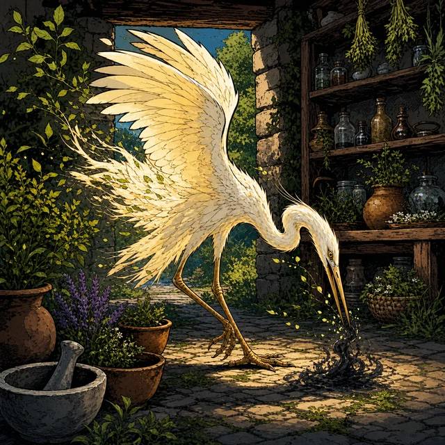 A pale healing spirit with open hands in an herb garden.
