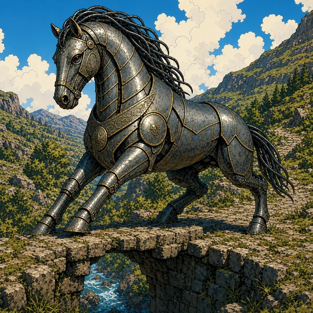 A sacred horse formed from dark iron plates in a temple court.
