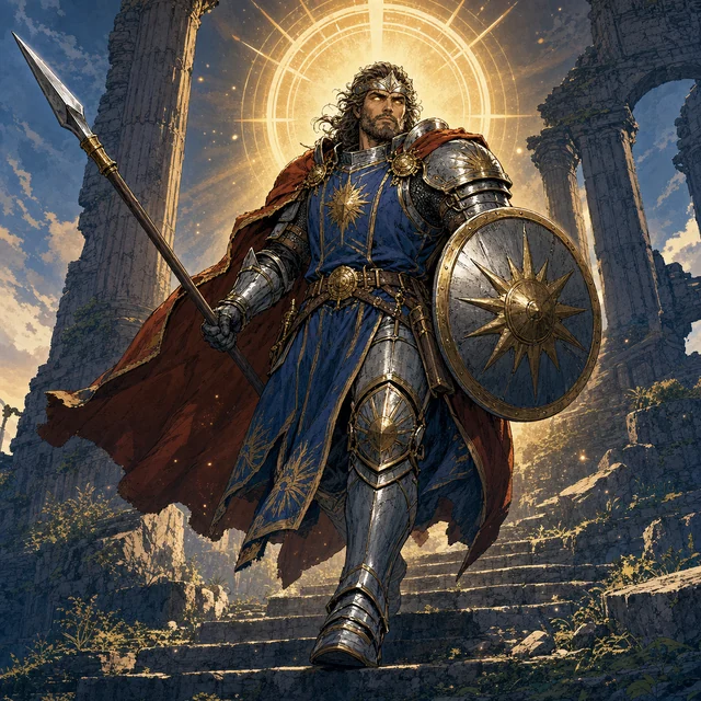 A holy warrior carrying a longspear and round shield.