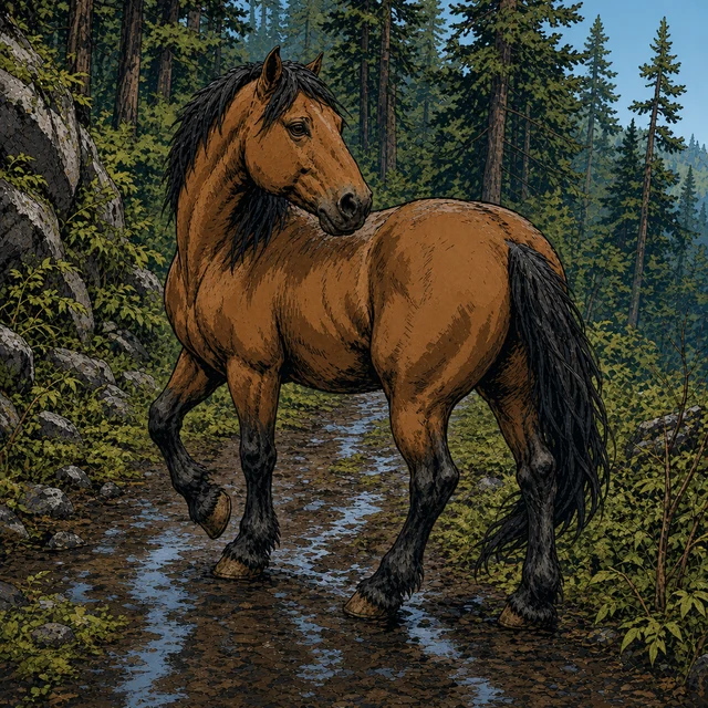 A sturdy brown horse standing in a simple paddock.
