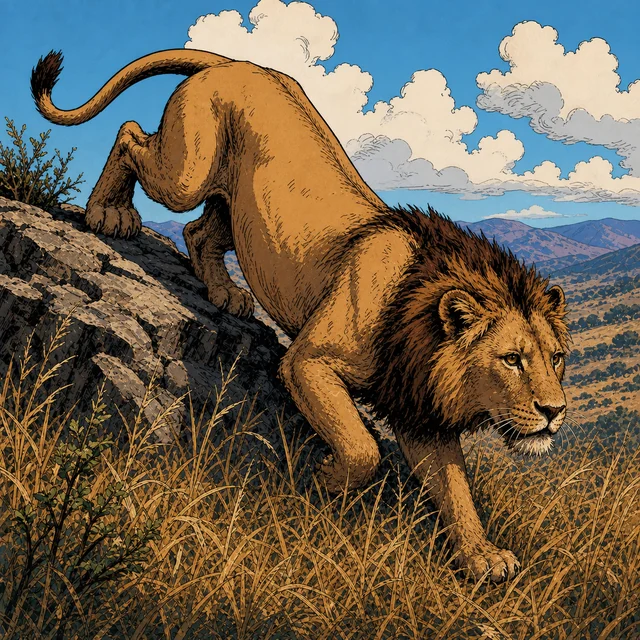A full-maned male lion standing alert on open grassland.