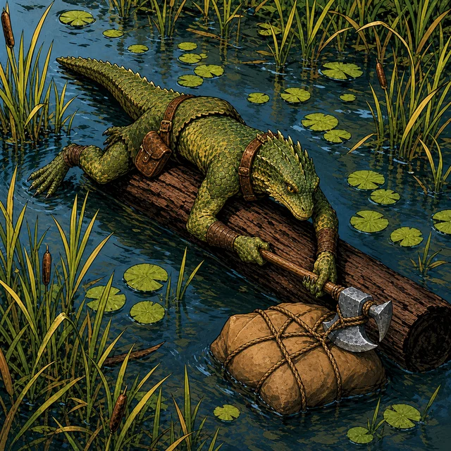 A reptilian warrior carrying a battleaxe on a marsh bank.