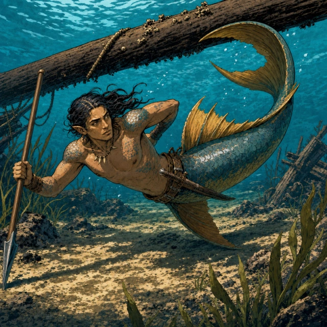 A merfolk guard carrying a longspear above an undersea terrace.