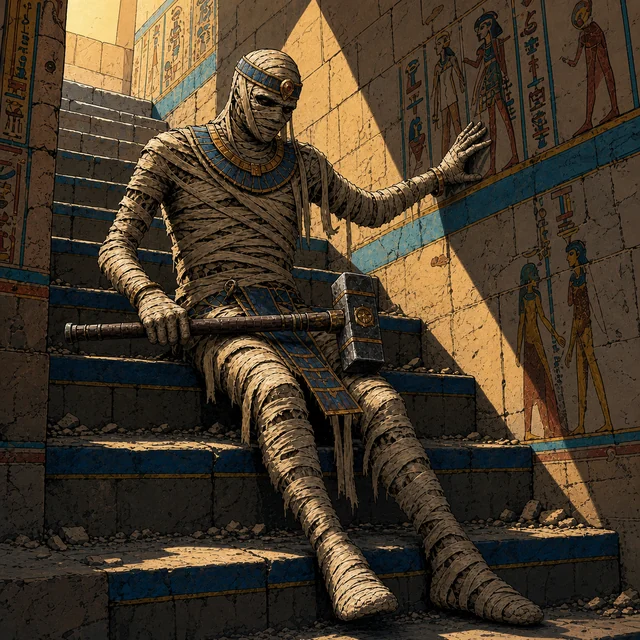 A bandaged mummy holding a great hammer in a dry stone burial chamber.