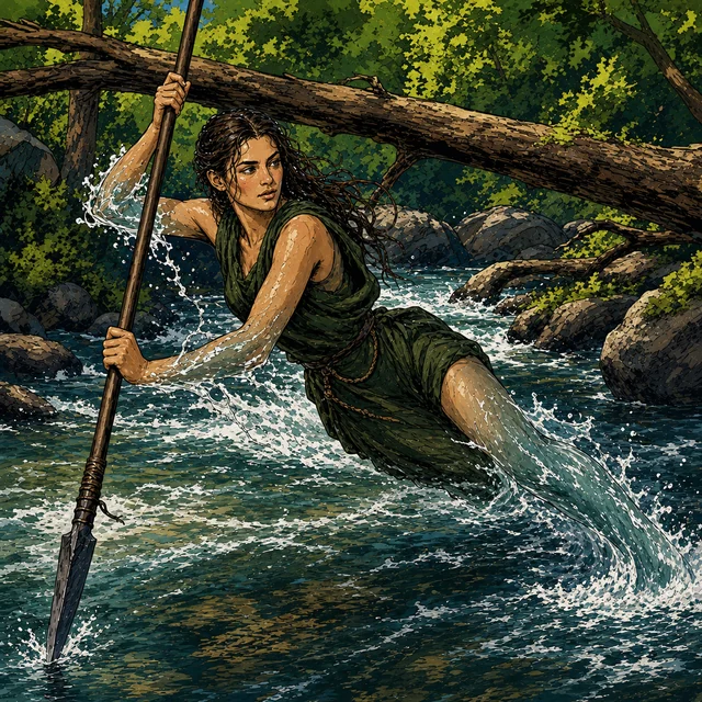 A blue-grey naiad holding a spear in the shallow stream she guards.