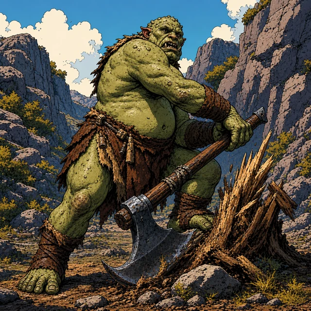 A broad-shouldered grey-green ogre standing on an old stone bridge.