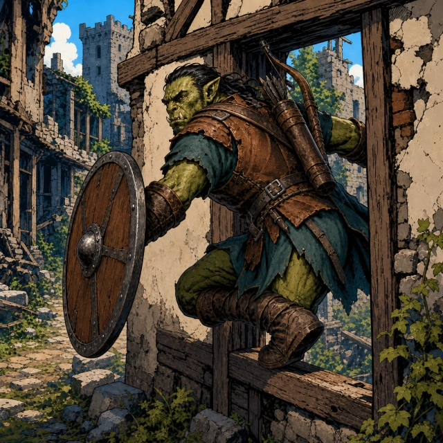 An orc fighter advancing through ruined streets behind a round shield.