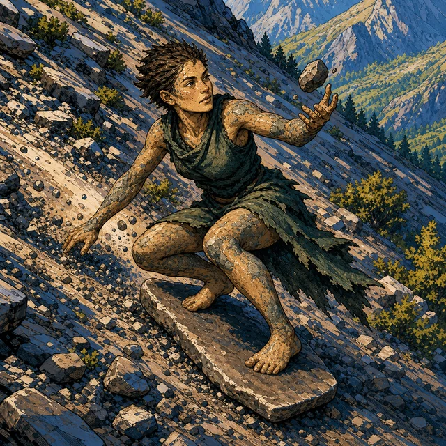 A stone-skinned oread holding a rock on a mountain slope.