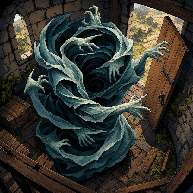 A violet fear spirit reaching through an empty stone passage.