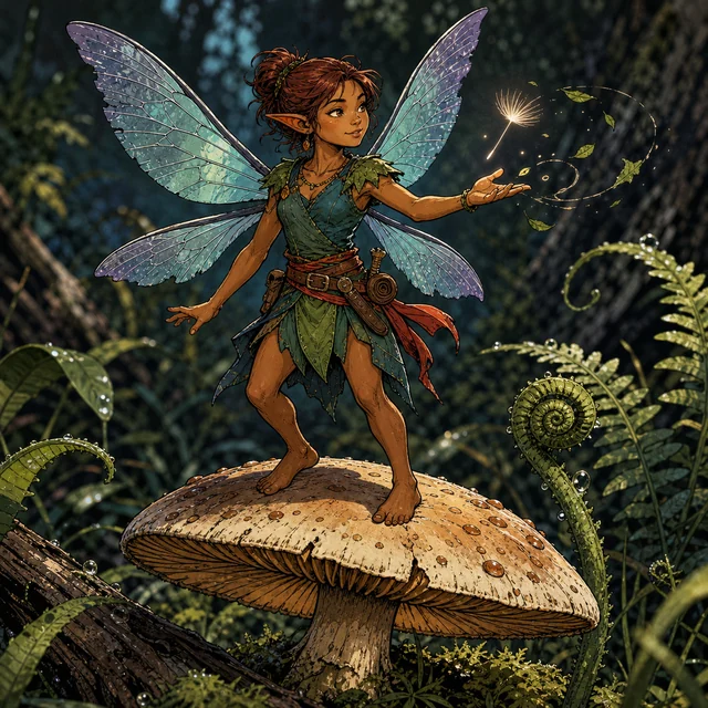 A tiny winged pixie standing on a broad shelf mushroom.