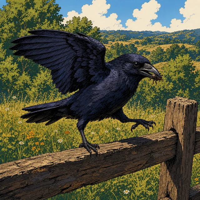 A black raven perched on a mossy stone wall.