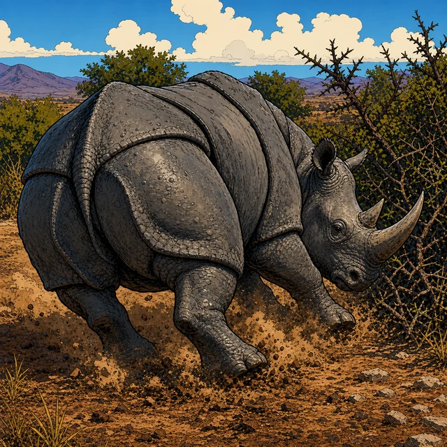 A two-horned rhinoceros standing on open scrubland.