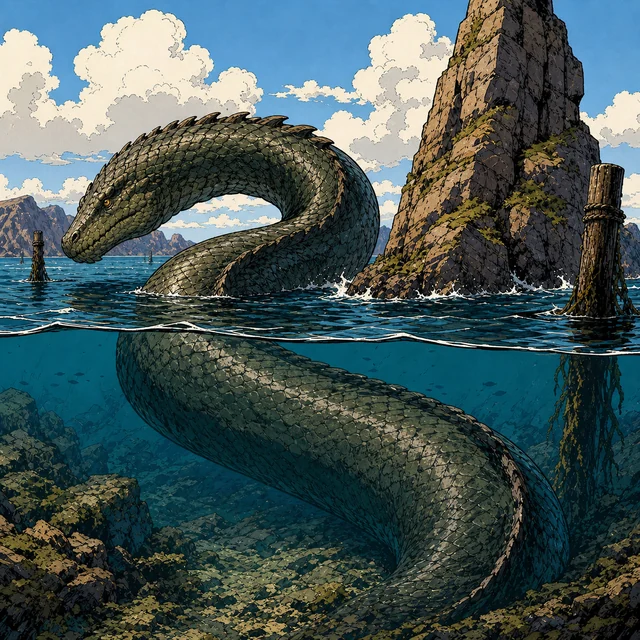 A huge finned sea serpent swimming near an underwater cavern.