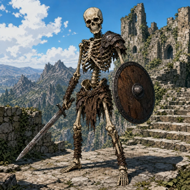 An animated skeleton carrying an arming sword and round wooden shield.
