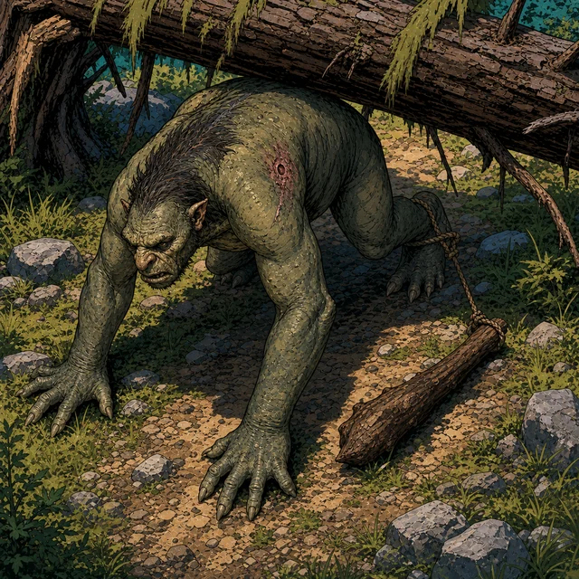 A long-armed troll carrying a wooden club in a rocky ravine.