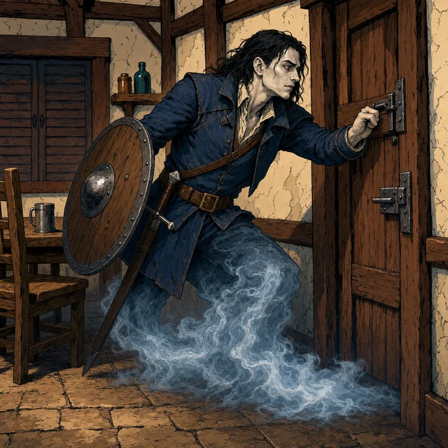 A pale armored vampire carrying a sword and round shield in a stone hall.