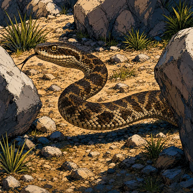 A patterned viper resting in a compact coil on a rock.