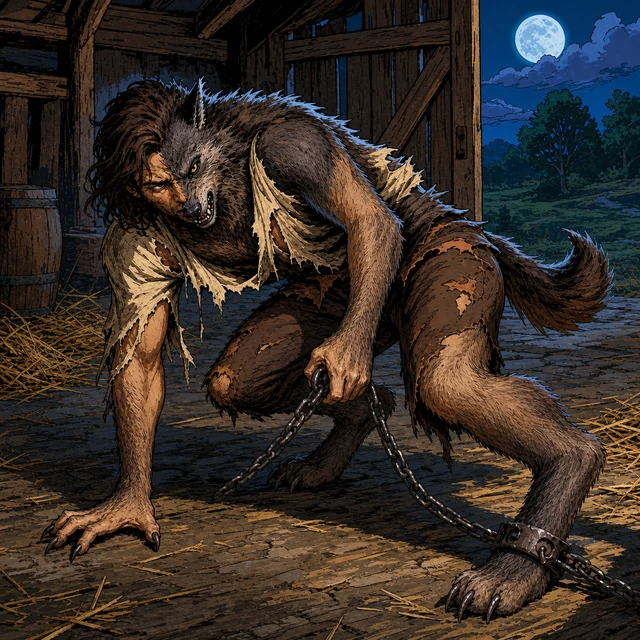 A werewolf in giant-wolf form standing beside a discarded cloak.
