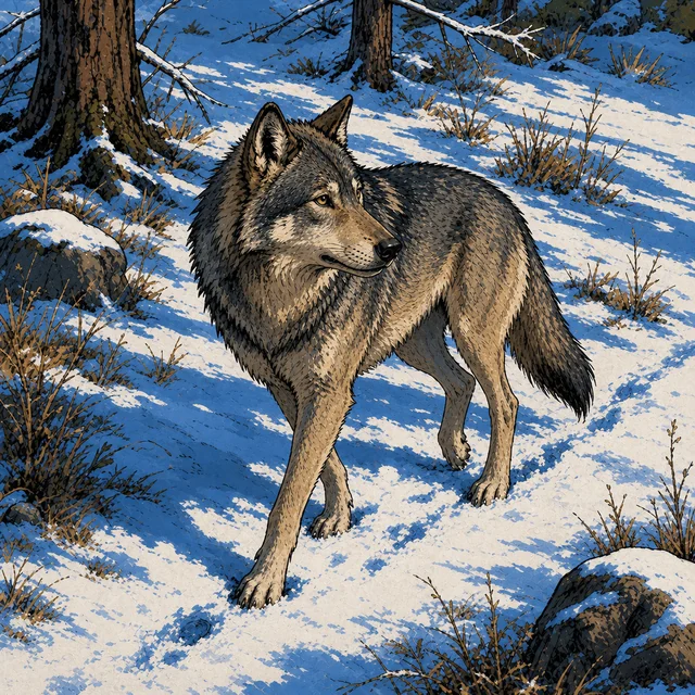A grey wolf standing alert in a forest clearing.