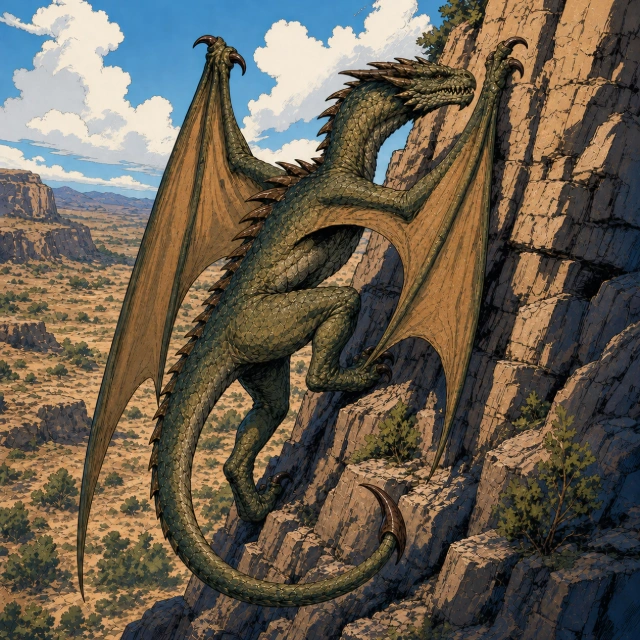A two-legged winged wyvern standing on a rocky mountain shelf.