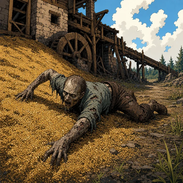 A grey-green zombie standing slackly on an abandoned farm lane.