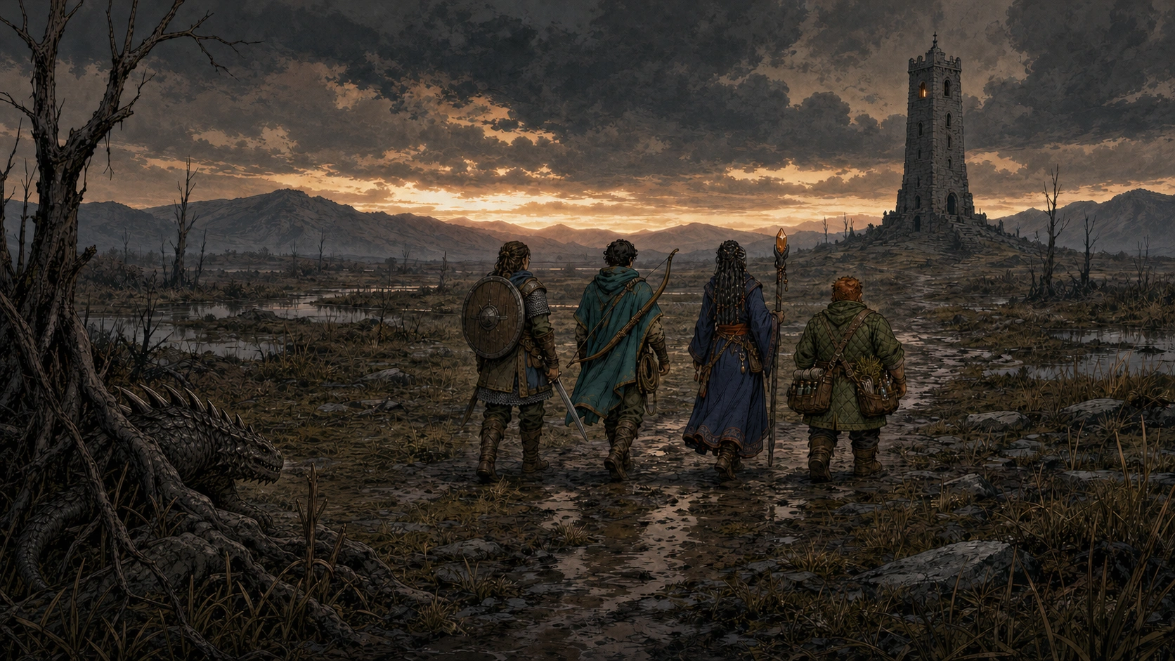 Four adventurers cross a rain-soaked marsh toward a lonely candlelit tower at sunset while a creature lurks behind a dead tree.